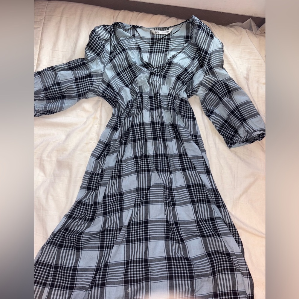 Zara blue and navy Plaid Maxi Dress cottagecote